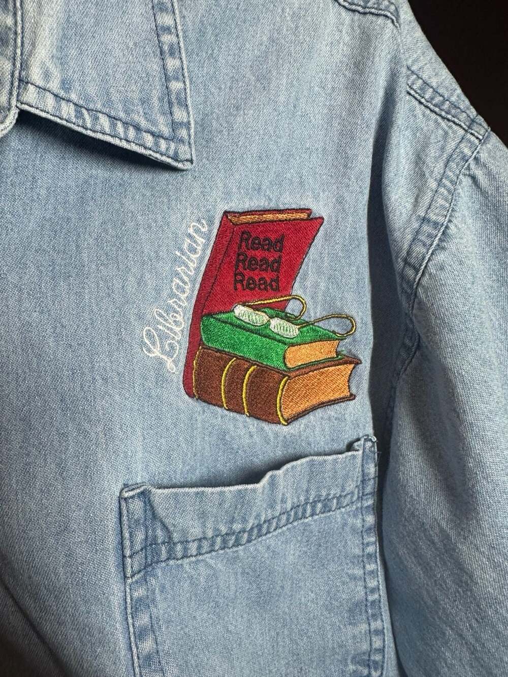 Vintage Faded Gear Denim Shirt Librarian Embroidered Book 100% cotton